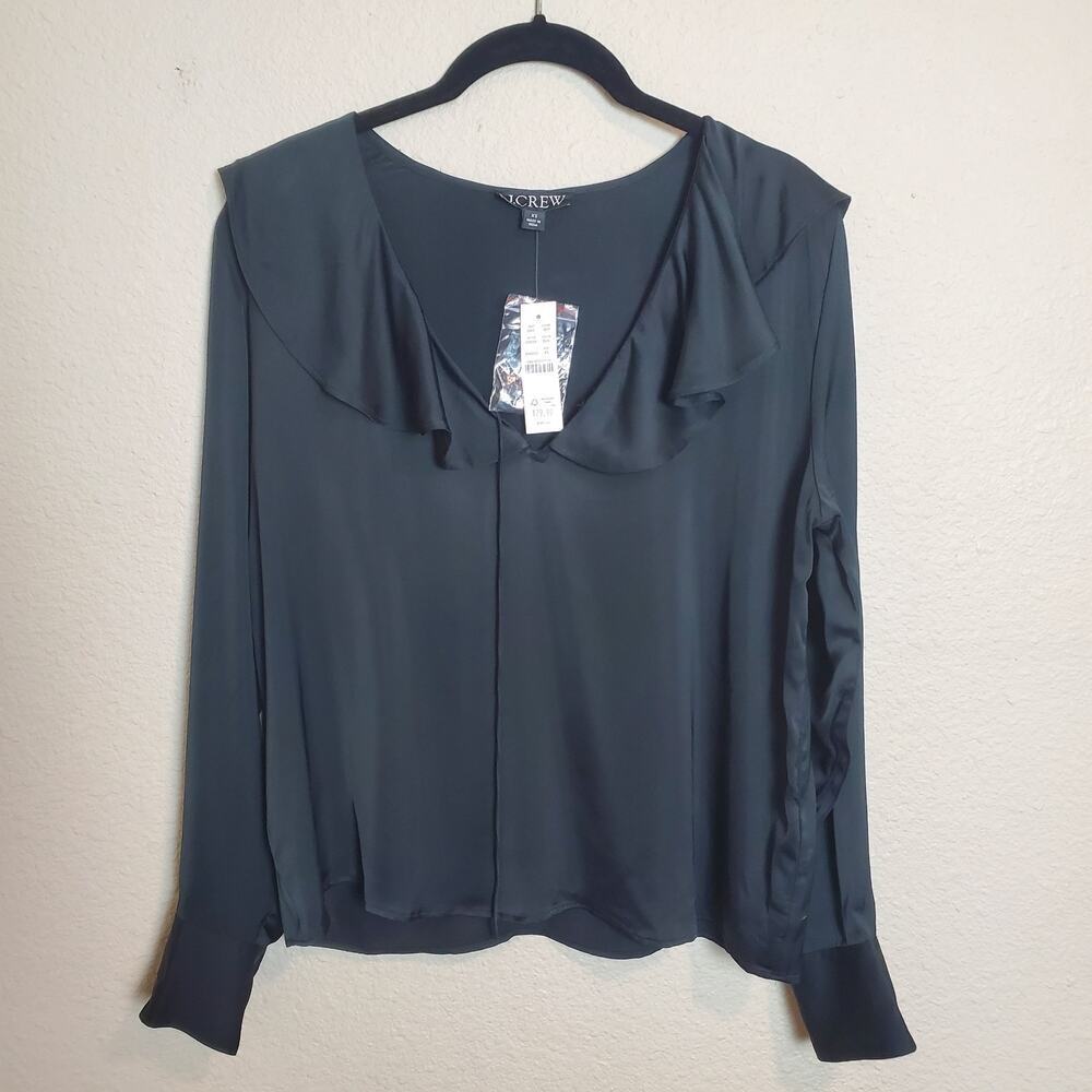 J.Crew Goldie Satin Blouse Top Black Size XS NWT Preppy Monochrome Quiet Luxury